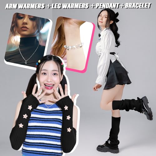 4 Pack Y2k Accessories Set Y2k Leg Arm Warmers for Girls Gyaru Cloth 80s Outfit Jewelry Accessories Set Star Necklace Silver Bracelet Kawaii Japanese Harajuku Outfits Fashion Aesthetic for Girl Women2
