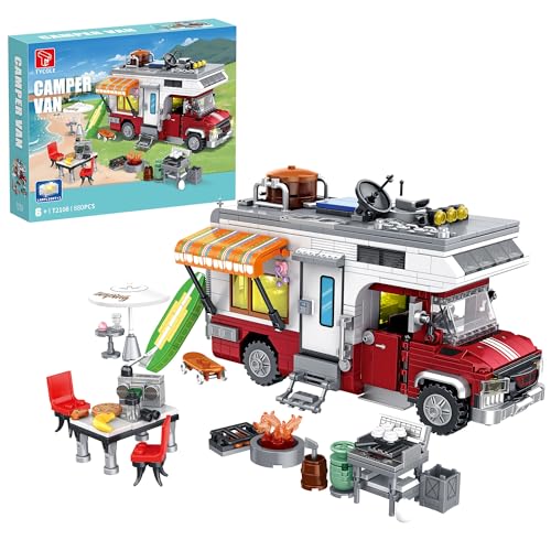 TYCOLE City Juguete de Construcción Autocaravana Set Modelo de Acampada con Luces, Accesorios Regalo Cumpleaños 6+ Años (880 Piezas)