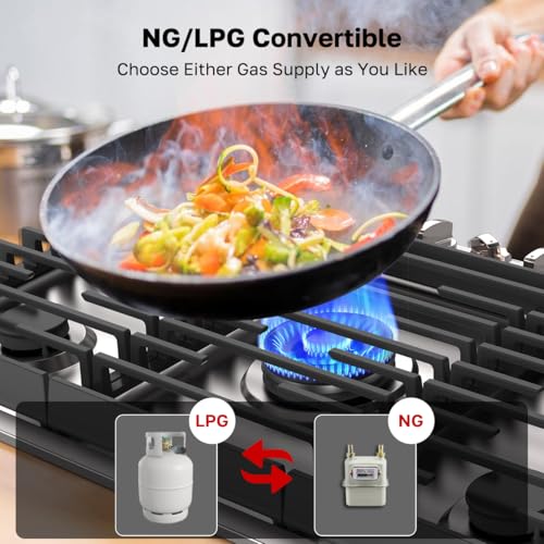 ThermoMate Heavy 36 Inch Gas Cooktop with 5 Italy Sabaf Power Burners, Built In Gas Stove Top of 304 Stainless Steel, Gas Hob NG/LPG Convertible, Gas Cooker with Thermocouple Protection CSA Certified