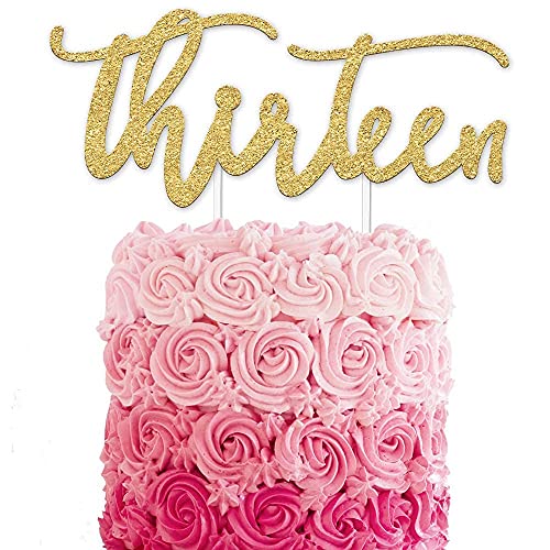 Image of Festiko13th Birthday Cake Topper Decoration - THIRTEEN - 7 inch x 3.5 inch Thirteenth Bday Topper w /Premium Double Sided Gold Glitter Card stock Paper - Happy Birthday Accessory For Men & Women