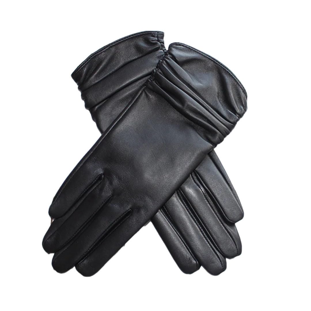 Guantes de piel de oveja para mujer, con pantalla táctil, longitud media, elástica, de forro polar y guantes de invierno