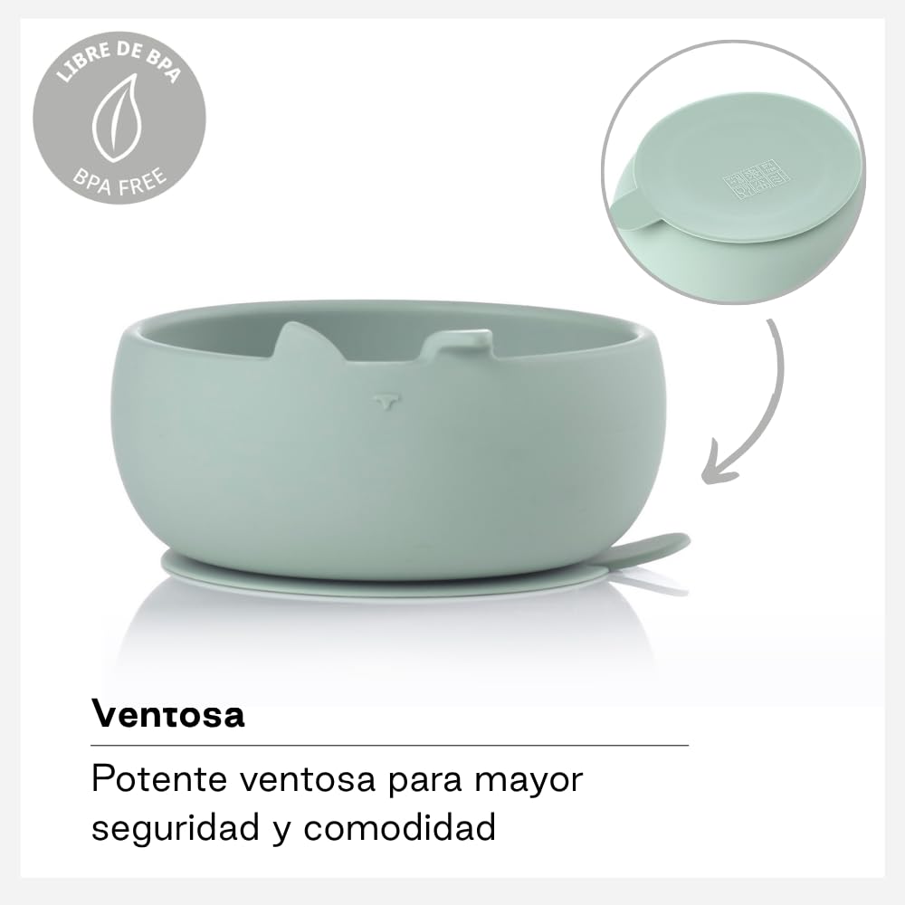 Jané Set Bol y Cuchara de Silicona con Ventosa, Libre BPA, Apto Microondas y Lavavajillas, Vajilla Bebé, Verde