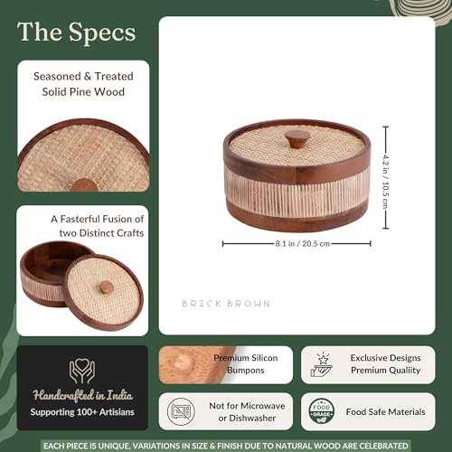 Image of Brick Brown Reed Wooden Roti Box with Hand-Woven Cane Lid | Solid Wood Chapati Box for Kitchen & Dining | Designer Roti Casserole /Roti Hot Pot Case | Handmade Roti Dabba Server (8.1x8.1x4.2 Inch)