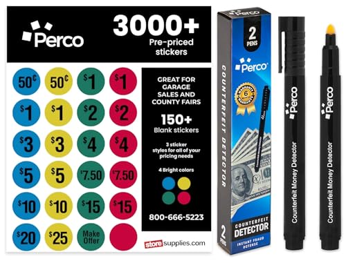 Perco Garage Sale Price Stickers with Counterfeit Money Detector Pens Kit - Includes 3000+ Pre-Priced & 150+ Blank Stickers and a Pack of 2 Fake US Bill Checker to Ensure Authenticity & Prevent Fraud