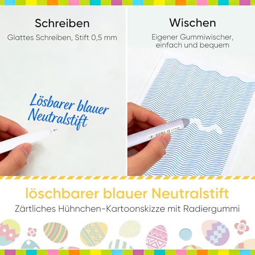 YOKJGHDO 8er Set Osternstifte radierbar 0,5 mm, Oster Geschenke für Kinder mit süßem Hühnerdesign, löschbarer blauer Neutralstift für Schule Büro Zuhause, Ostergeschenke zum Schreiben und Zeichnen