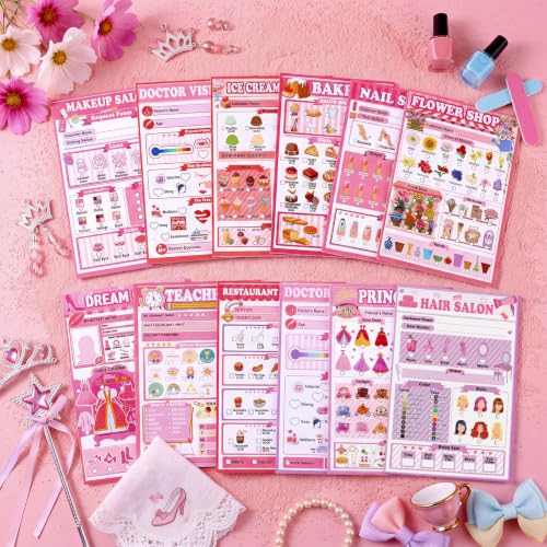 Image of Eaasty 12 Pack Kids Pretend Play Notepads 4x12 Inch,Girls | 6 Career Themes Pink Princess Makeup Nail Hair Flower, 40 Pages per Notepad for Toddlers Imaginative Activity and Learning