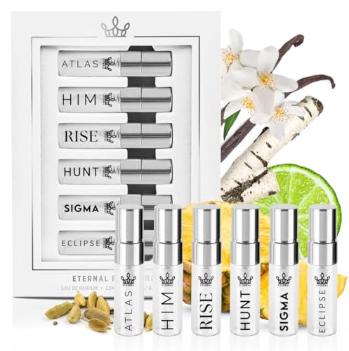 Eternal Discovery Set Men's Modern & Niche 6x3ml Sample Sprayers, Long-lasting, Vegan, Clean Ingredients, Inspired by Aventus, Le Male Elixir, Myslf, Marly's Layton, Le Beau, Ombré Leather
