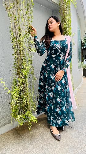 Image of KD Women's Floral Printed Georgette Anarkali Kurta Set With Dupatta, Traditional Salwar Suit, Long Sleeve Ethnic Dress