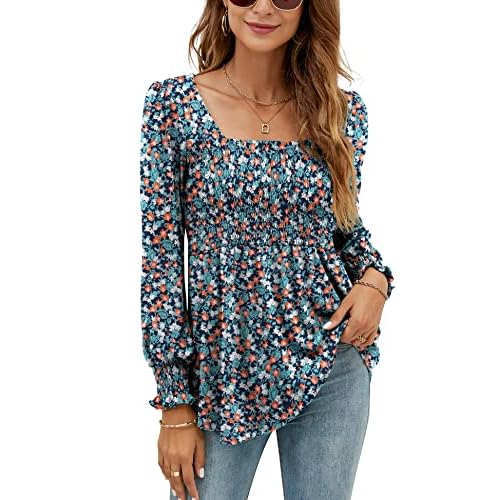 LOMON Blouses for Women Puff Long Sleeve Shirts Square Neck Casual Smocked Tunic Tops 2024 Spring Fall Winter Clothes S-XL Aqua Blue Base Orange Floral Long Sleeve Shirts Small