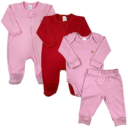 Kit 3 peças - 2 Macacões Bebê Zíper e 1 Conjunto Bebê Malha Canelada Menina (P)