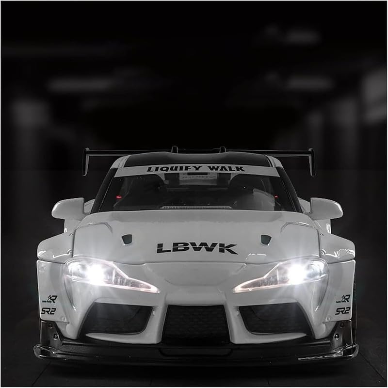 Image of PINQUE Kids 1:24 Toyota Supra GR LBWK Diecast Alloy Metal Pull Back Car With Openable Doors, Music, Sound and Light - Vehicle Toy for Boys (White)