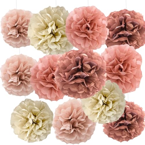 Image of We Moment Blush Pink Rose Gold Tissue Paper Flowers Decorations for Boho Birthday Bridal Shower Wedding Bachelorette Baby Shower Party Decor Ceiling Wall Hanging Tissue Pom Poms 12pcs 4 Colors