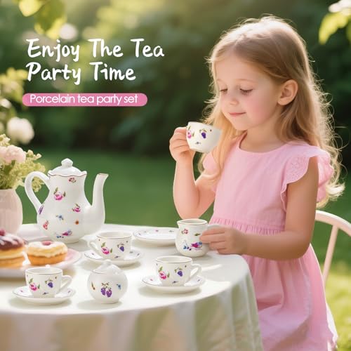 Image of TUZT Tea Party Set for Little Girls Ages 3-8, White Floral Porcelain Tea Set with Gold Trim Edges, Princess Tea Time Toy Includes Pot & Cups & Saucers & Suitcase, Birthday Gifts for Toddlers Girls