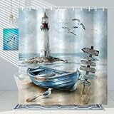 Tenda da doccia nautica costiera, tenda da doccia con faro, blu foglia di tè, barca a vela, accessori da bagno in tessuto impermeabile con ganci, 152 x 178 cm
