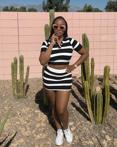 Image of HBQ Women's Casual 2 Piece Skirt Sets Polo Collar Crop Top Striped Mini Dress Summer Vacation-Stripe