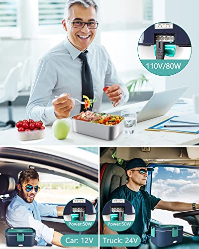 Andmenow 80W Electric Lunch Box Food Heater, 12V/24V/110V Portable Heated Lunch Box For Car Truck Office Work, Adults Food Heating Box With 1.8L 304 Stainless Steel Container (Grey+Green) #TOP2
