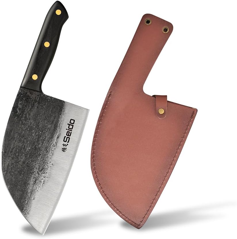 Seido Knives 6.5" Serbian Cleaver Knife High-Carbon Steel | G10+ Handle Protective Composite Leather Sheath | Professional Kitchen Meat Vegetable Knife