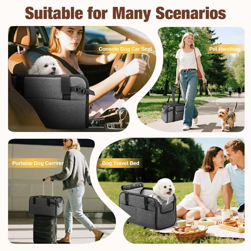YUDODO Large Dog Car Seat for Center Console (Width>9.5in) Fits 10-20lbs, Anti-Slip Puppy Cat Travel Portable Booster Seat, Luxury Pet Car Bed Carseat PU Leather Gray