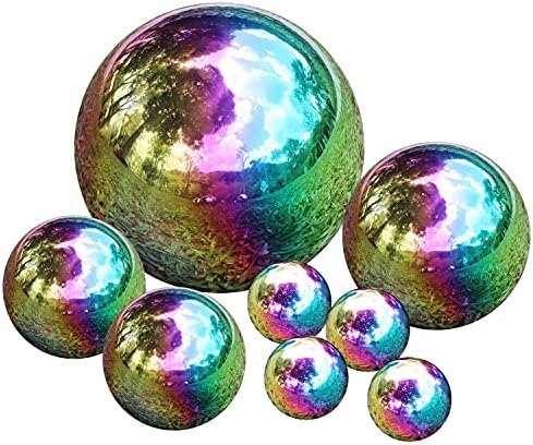 Kunjocy Stainless Steel Gazing Ball, 8 Pcs 50-150mm Rainbow Mirror Hollow Ball Reflective Garden Sphere, Floating Pond Balls Gazing Globe for Home Garden Decorations (8 Pcs Mix)