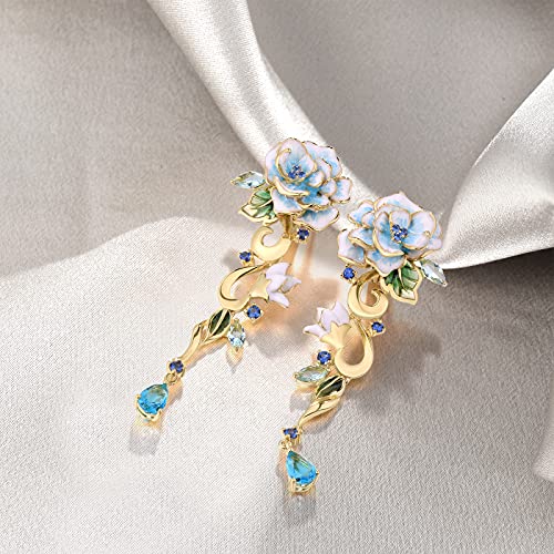 Santuzza Peony Earrings 925 Sterling Silver Blue Glass Enamel Blue Flower Long Dangle Earrings For Women #TOP2