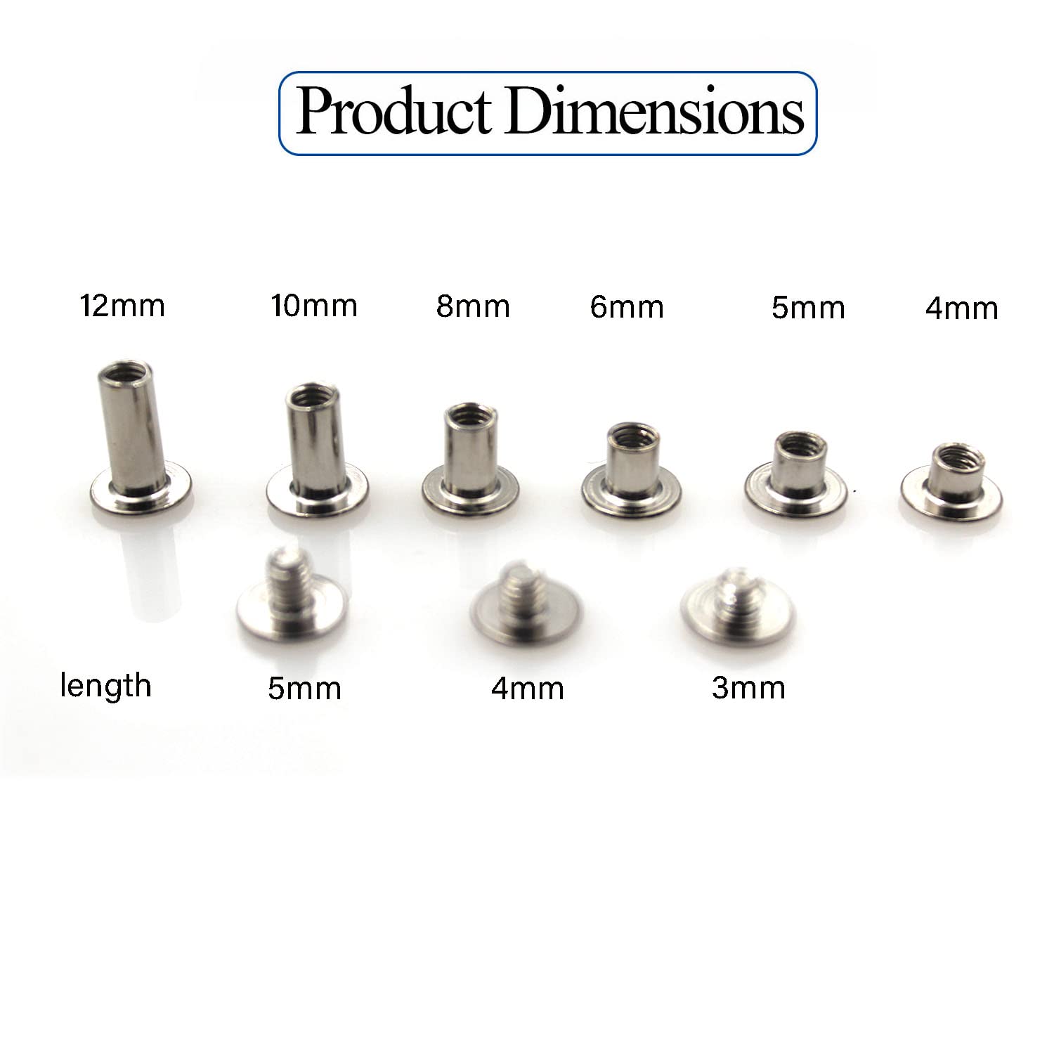 90 Sets Chicago Screws Assorted Kit Leather Rivet DIY Bookbinding Round Flat Head Rivets Screw Contains 6 Sizes of Nuts and 3 Sizes of Screws （Silver）