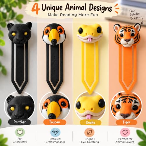 Image of 4 Pack Sanchi Homes Animal Bookmarks Set, Panther, Toucan, Snake, Tiger