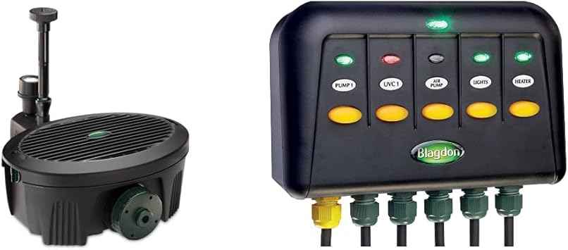 Image Blagdon Inpond 5-in-1 2000, 10w Pond Pump and Filter with UV Clarifier, for Ponds Up to 2,000L & 1040235 Powersafe Garden & Pond Safe Weatherproof Electrical Switch Box, 5 Outlet, Black