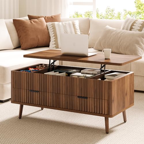Curlaky Lift Top Coffee Table with Storage - Fluted Wood Coffee Tables for Living Room with Drawers & Hidden Compartment, Mid Century Modern Square Large Center Table for Home Office Reception Walnut