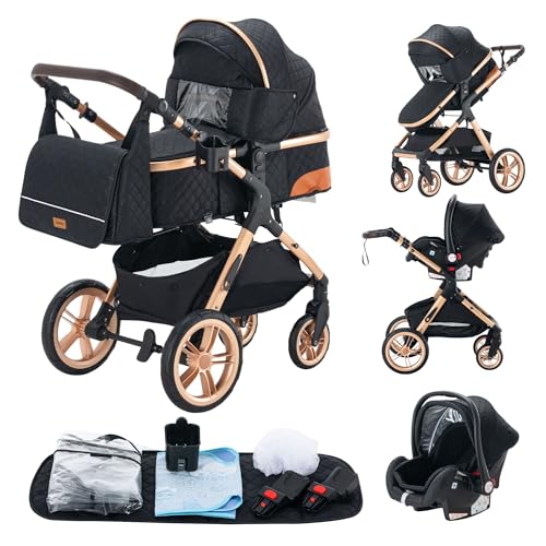 Kinderwagen, 3-in-1, kinderwagen, reissysteem, opvouwbaar, rubberen banden, met accessoires, gondel,...
