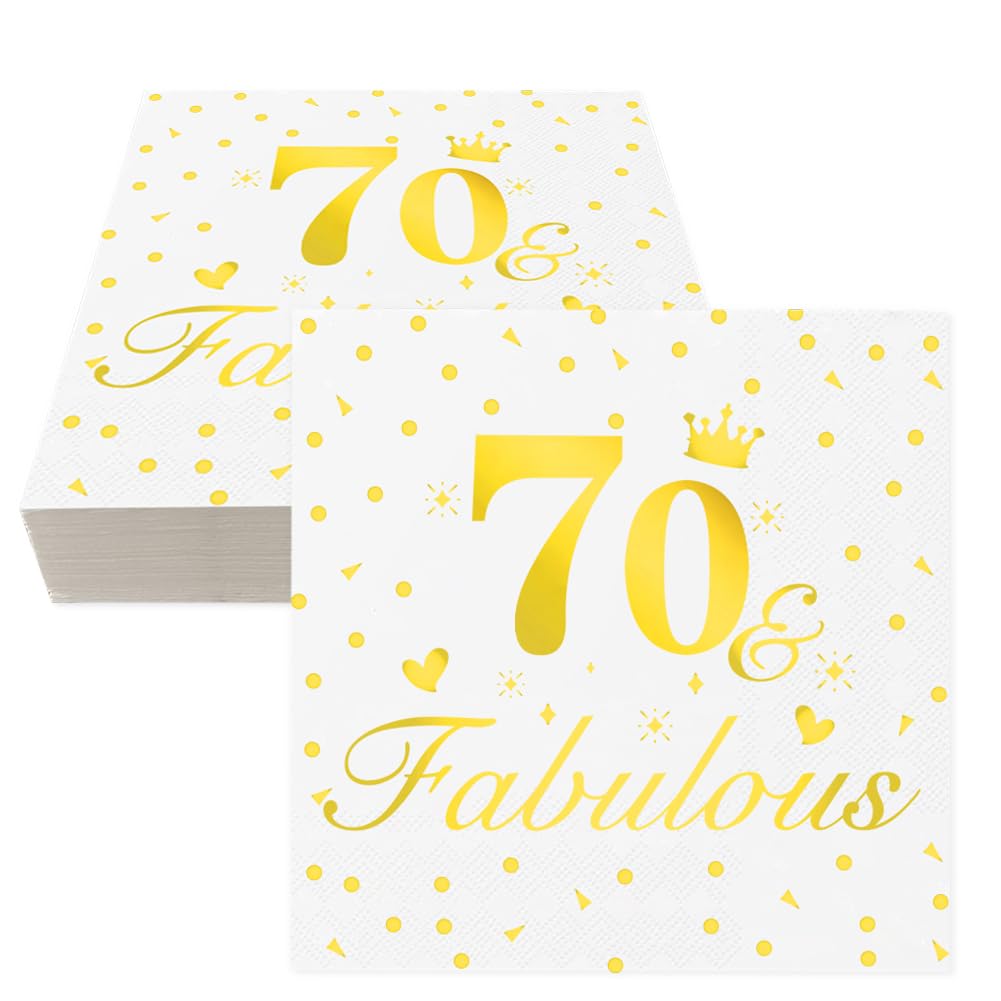 70th Birthday Napkins, 40 Pcs Gold Happy Birthday Napkins for 70th Birthday Table Decoration Anniversary Decoration, Disposable Party Serviettes Napkins for Women Men