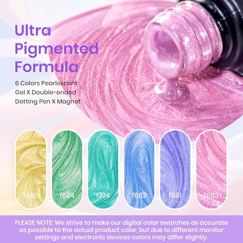 Image of Beetles Cat Eye Gel Nail Polish - 6 Colors Summer Shimmer Pearl Cat Eye Nail Polish Set with Magnet Rainbow Mermaid Swirl Shell Thread Yellow Pink Blue Purple Green DIY Manicure Gifts for Women