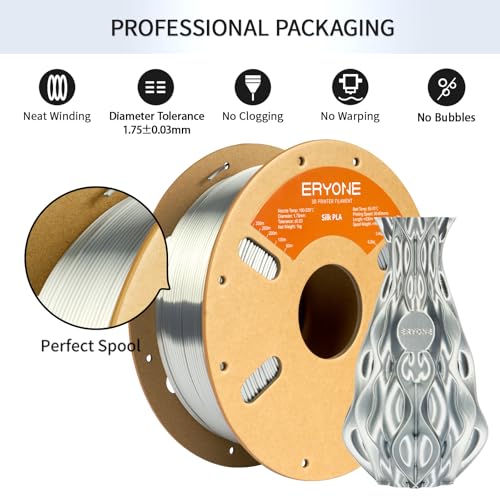 Image of ERYONE Silk PLA Filament for 3D Printer 1.75mm + /- 0.03mm, 2KG Cardboard Spool, Silk Silver