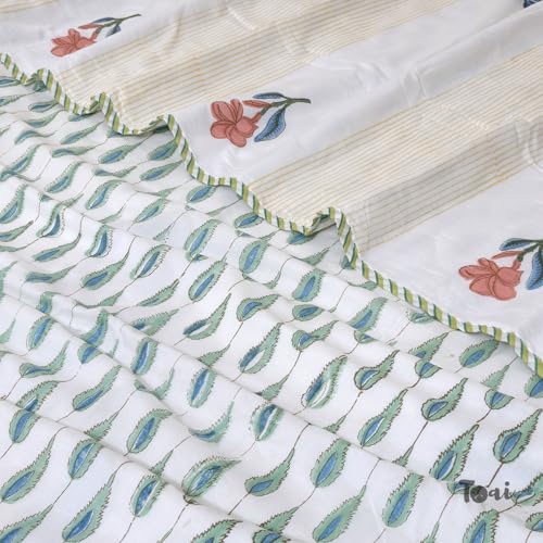 Image of TOAIArt Premium Jaipuri Dohar | AC Blanket Summer Quilt | Hand Block Printed | 3 Layers | Reversible | 150GSM 100% Mulmul Cotton | 100% Cotton Flannel Filling | Queen 90 inch X 108 inch |Floral Panel