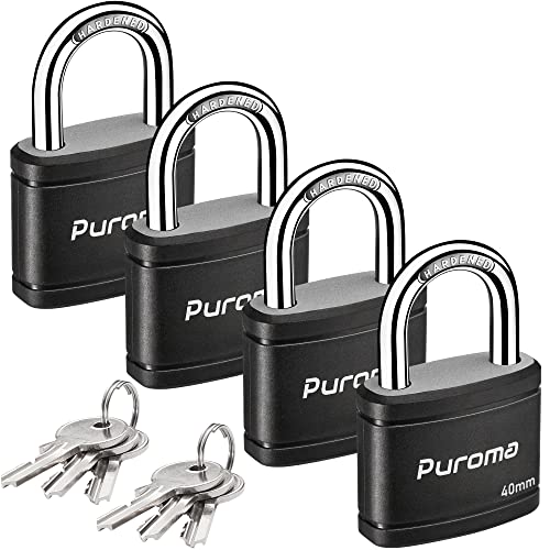 Puroma 4 Pack Keyed Padlock with 6 Keys Alike 1.1 Inch Locker Lock 40mm Heavy-Duty Locks for Gate Fence Hasp Cabinet Toolbox School Gym Locker (Black)