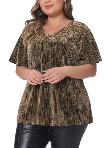 Agnes Orinda Plus Size Metallic Tops for Women V Neck Short Sleeve T-Shirt Party Top Glitter Blouses2