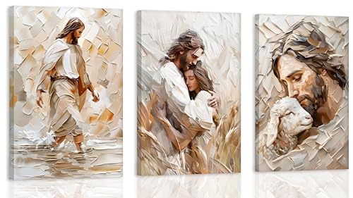 3pcs framed Jesus Wall Art Beige Texture Oil Paintings Christian