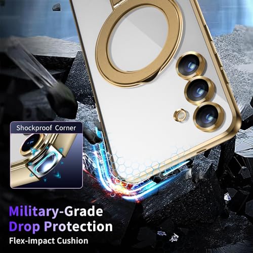 Image of Magnetic Stand & Full Camera Lens Protector Case for Samsung Galaxy S25 Plus [Compatible with MagSafe][Military Drop Protective]Not Yellowing Clear Slim Soft S25 Plus Phone Case for Women Men,Gold