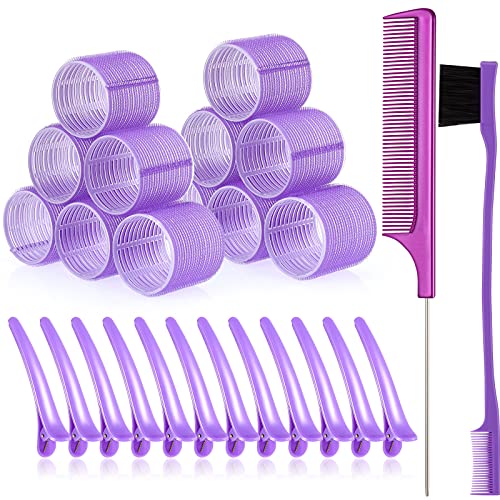 12 Pieces Self Grip Hair Rollers 1.73 Inch Salon Hair Dressing Curlers No Heat Hairdressing Curlers Self Holding Hair Rollers Duckbill Hair Clips Hair Edge Brush Rat Tail Comb (Purple,2.52 Inch)
