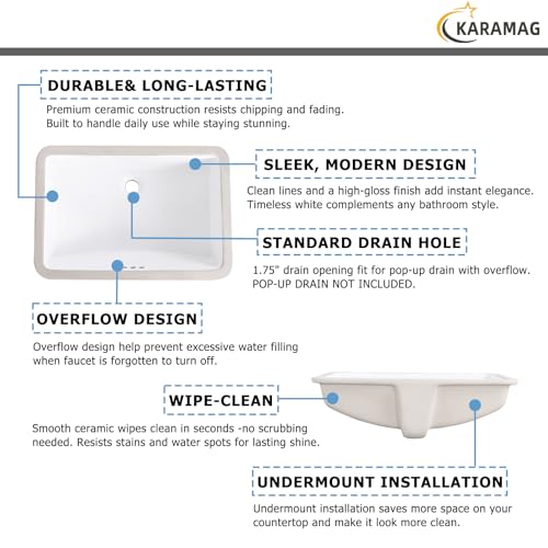 Image of 24 Inch Undermount Bathroom Sink Rectangle Undermount Sink White Ceramic Under Counter Bathroom Sinks with Overflow (23.8 inchx16.3 inch)