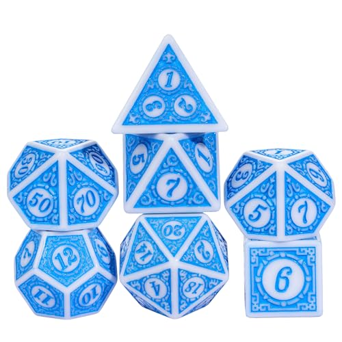 Poludie 7PCs DND Dice Set, Unique Window Lattice Pattern D&D Dice Set with Leather Die Bag, Polyhedral Die for Dungeons and Dragons, RPG Table Games (Blue/White)