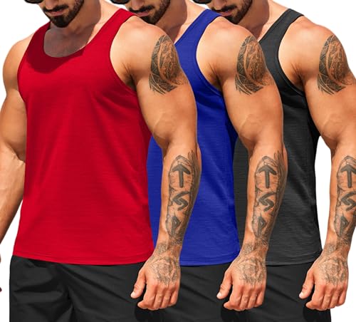 COOFANDY Men's Tank Top Workout Sleeveless Tee Shirts Sleeveless U Neck Muscle Shirt 3 Pack Black/Blue/Red Medium