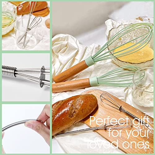 Silicone Whisks Set- Panpacific 10" 12" Nonstick Whisks With With Sealed Wood Handle+ 5" 7" Small Wire Whisk- Multifunctional Whisks For Cooking- Mint Green- 4 Piece #TOP2