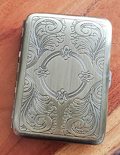 Classic Metallic Silver Color Double Sided King Cigarette Case Etched Design Shorter than 100\'s (Antique Brass)