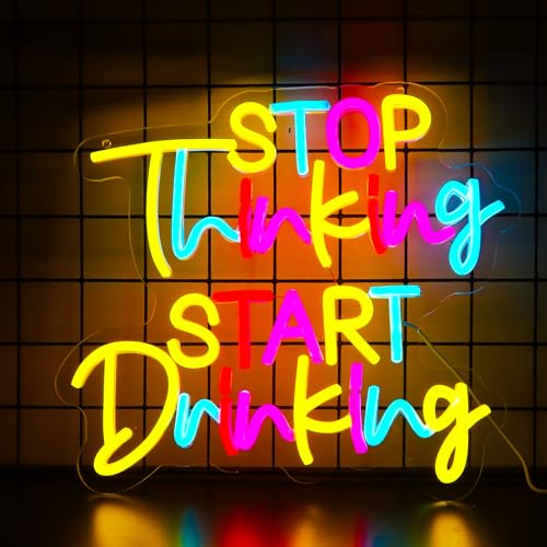 Image of Stop Thinking Start Drinking Neon Signs Multicolor Letter Neon Lights Wall Decor for Home, Bar, Man Cave, Party, Club, Restaurant Gift Art for Boys Girls-13.7 x 12.2 IN-USB Powered-Acrylic