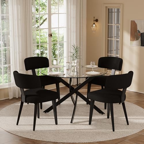 KATBOC Small Dining Table Set for 4, 36" Round Kitchen Table with 4 Teddy Boucle Dining Chairs, Tempered Glass Top with Metal Legs(All Black)