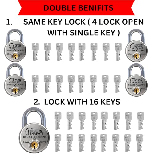Image of Hindson Same Key Senapati 65mm Round Padlock, Pack of 4 with 16 Same Keys, Hardened Shackle, 10 Lever Mechanism, Heavy Duty, Double Locking Security Lock for Gates, Doors & Shutters (Silver)