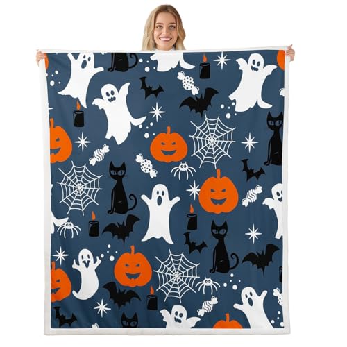 Erosebridal White Ghost Throw Blanket Black Cat Bats Halloween Decoration Fleece Blanket for Kids Boys,Pumpkin Lantern Blanket Halloween Spider Web Blanket 50