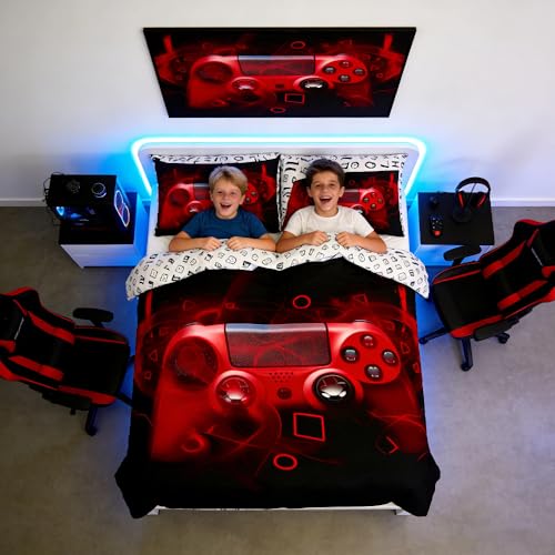 Loussiesd Kids Gamepad Duvet Cover Set Single Gamer Bedroom For Boys Girls Teens Video Game Controller Bedding Set Gaming Console Comforter Cover Red Black With 1 Pillow Case Zipper