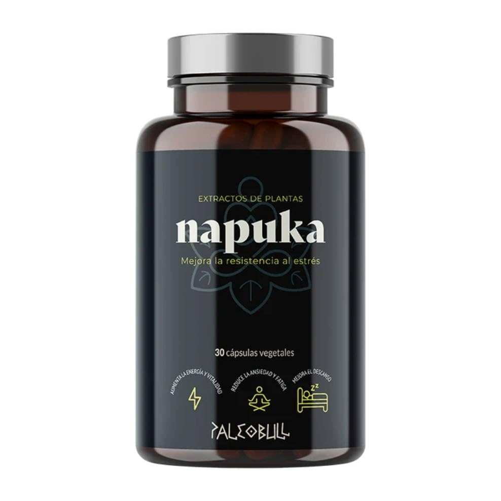 Napuka Paleobull 30 cápsulas vegetales, con ashwagandha, rodiola, ginseng y reishi, fórmula adaptógena sin gluten ni lactosa, apoyo diario para energía, vitalidad y bienestar.