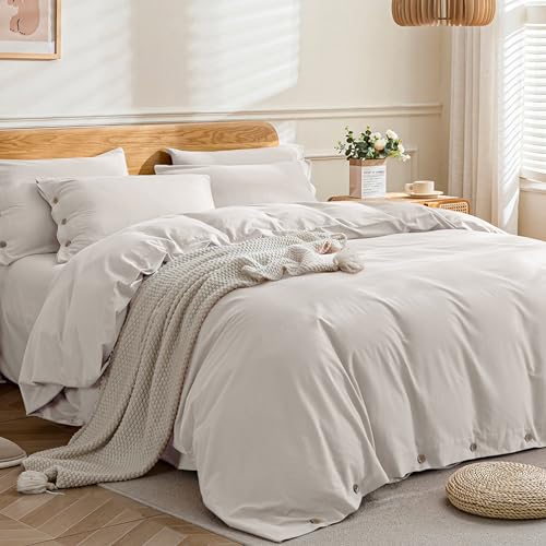 Image of JELLYMONI Cotton Duvet Cover Oversized King Size - Beige Comforter Cover with Button 100% Washed Cotton 3PCS Breathable Soft Solid Bedding Set Duvet Cover 120x98in & 2 Pillowcases (NO Comforter)